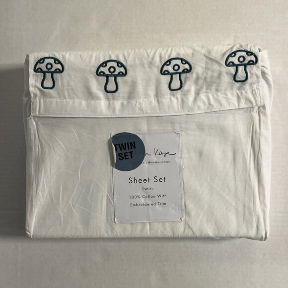 London Kaye Twin Sheet Set Green Mushroom Embroidered White Cotton 70s Retro - Picture 6 of 8